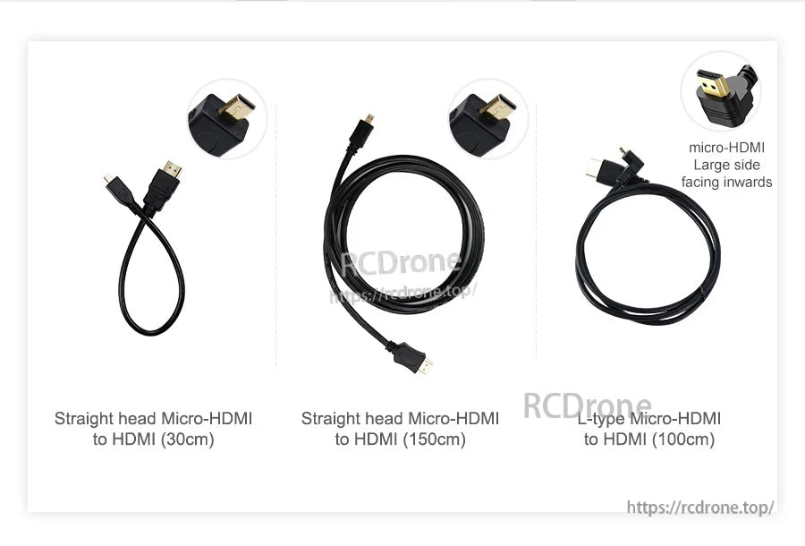 Cable length and connector options: 30 cm straight, 100 cm L-type right-angle, and 150 cm straight micro-HDMI to HDMI