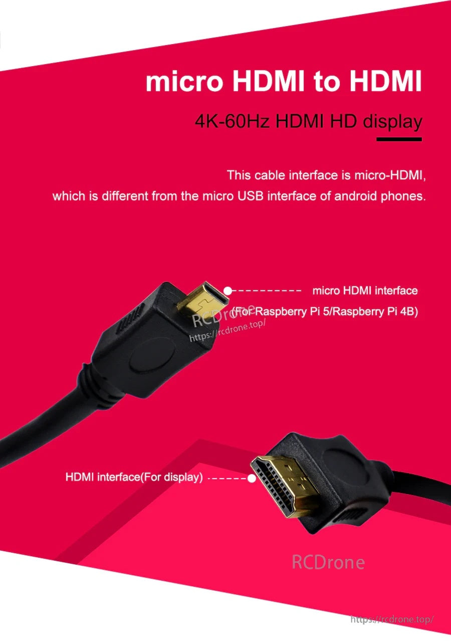 Micro-HDMI to HDMI cable connector close-up labeling micro-HDMI vs standard HDMI and 4K-60Hz support