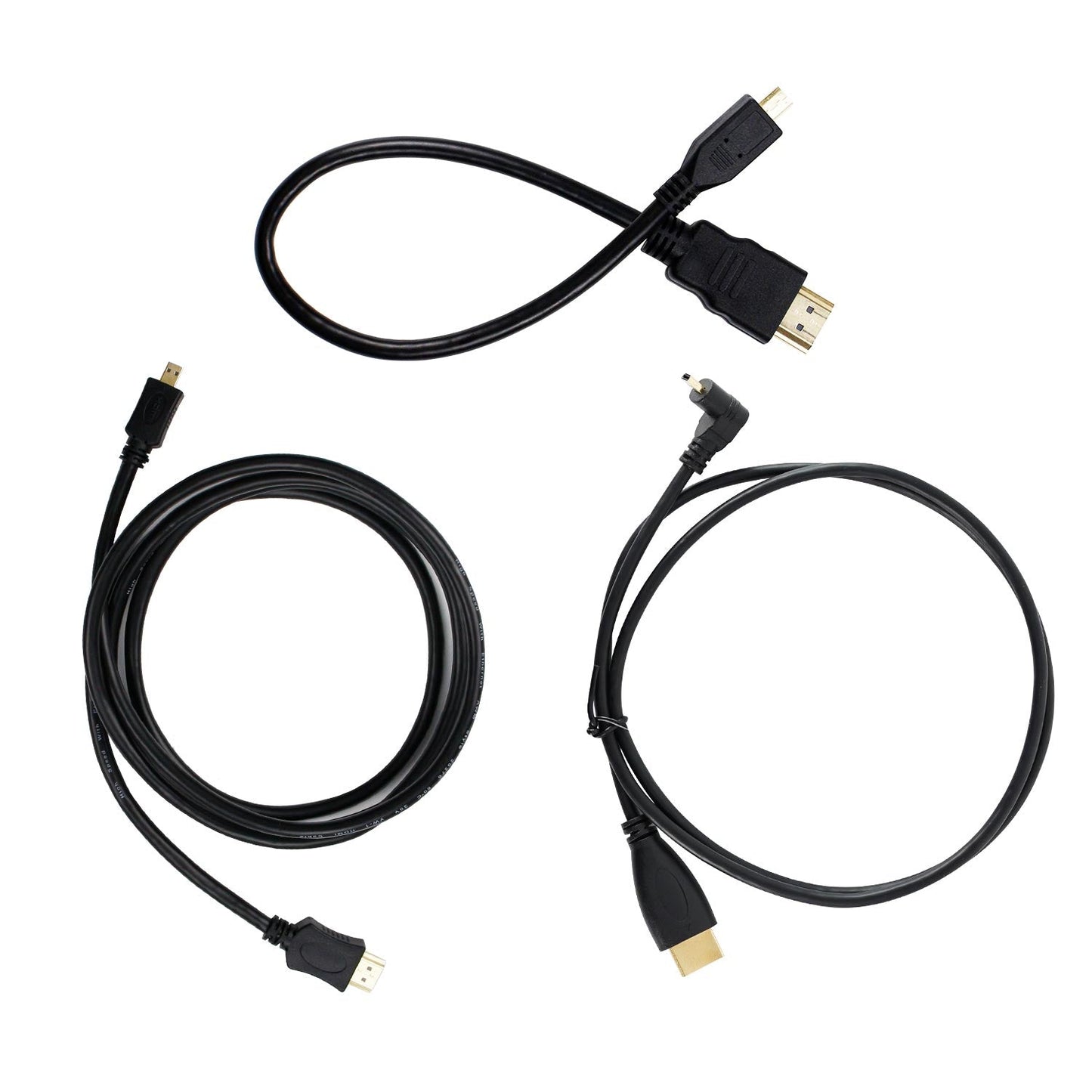 Micro-HDMI to HDMI Cable assortment showing 30cm short lead, 100cm right-angle lead, and 150cm cable