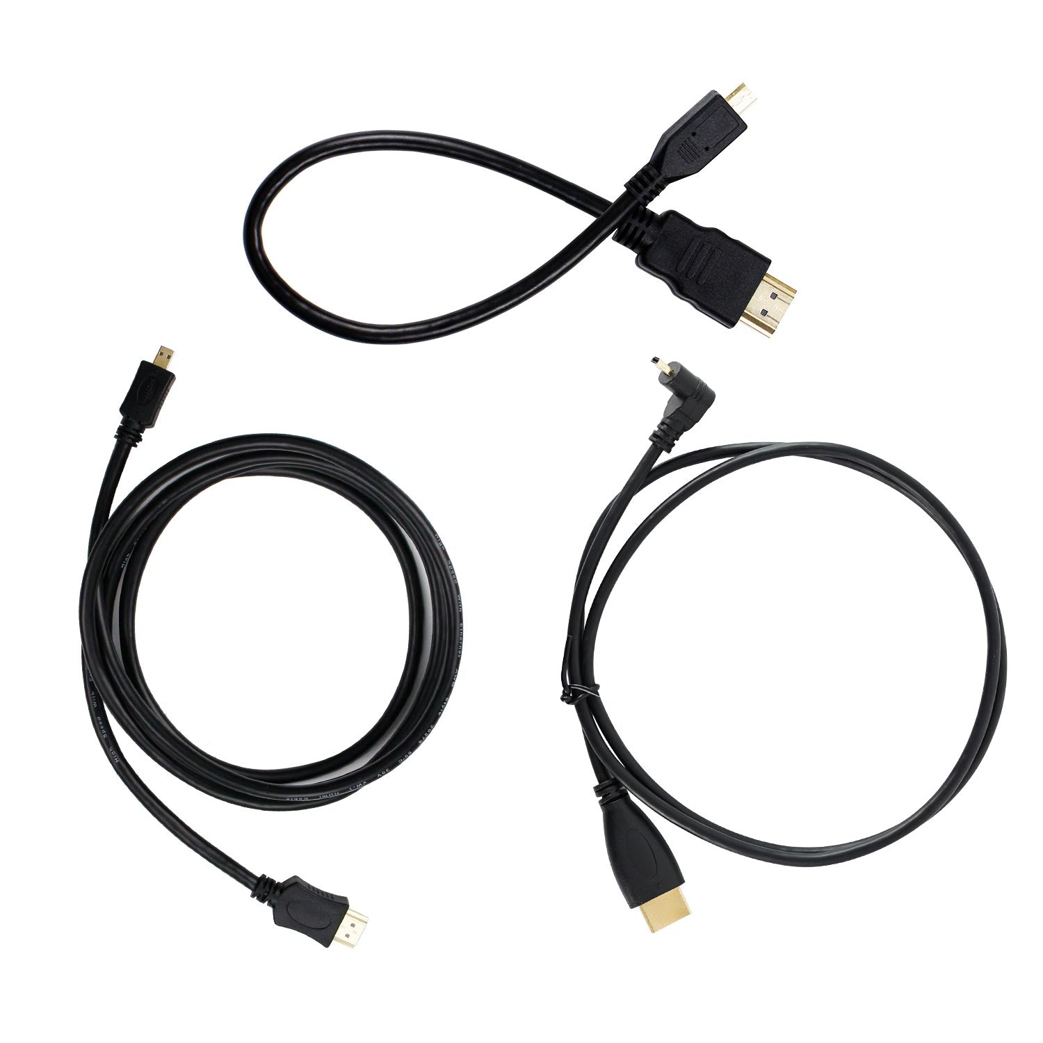 Micro-HDMI to HDMI Cable assortment showing 30cm short lead, 100cm right-angle lead, and 150cm cable