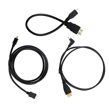 Micro-HDMI to HDMI Cable assortment showing 30cm short lead, 100cm right-angle lead, and 150cm cable
