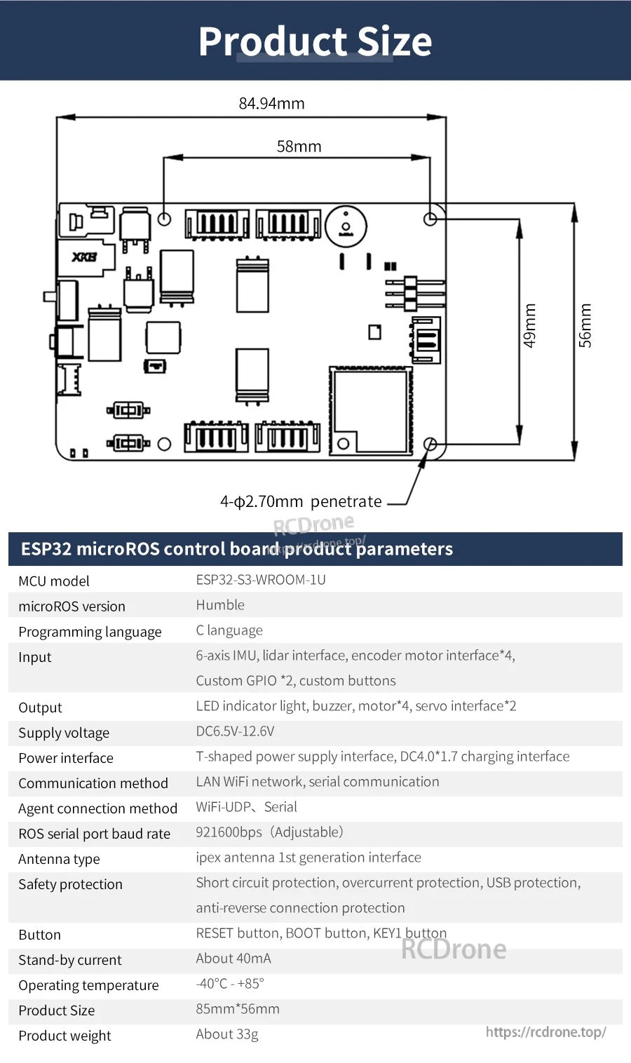 Yahboom ESP32-S3 micro-ROS control board size diagram with 85×56 mm dimensions and connector layout