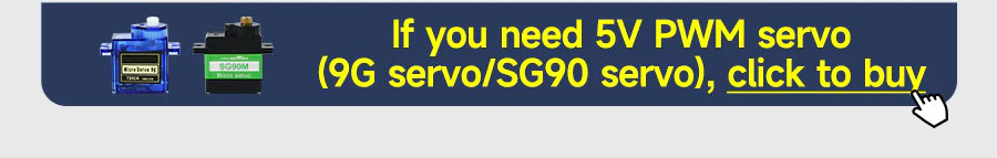 Banner promoting 5V PWM servo (9g/SG90) purchase link with “click to buy” callout