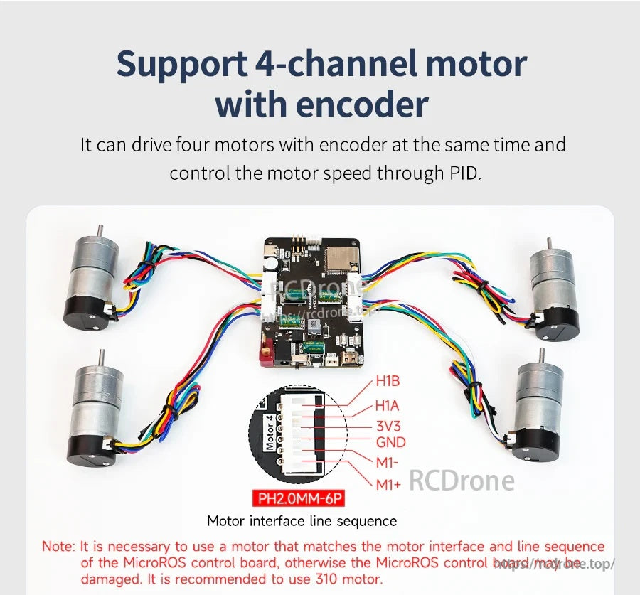 4-channel motor driver with encoder support wiring example and PH2.0mm-6P motor interface line sequence