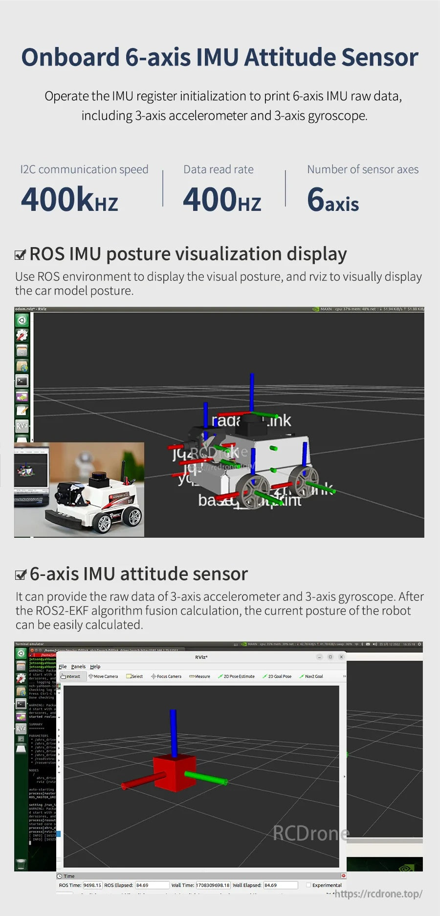 Onboard 6-axis IMU attitude sensor graphic noting I2C 400kHz, 400Hz read rate, and ROS visualization examples