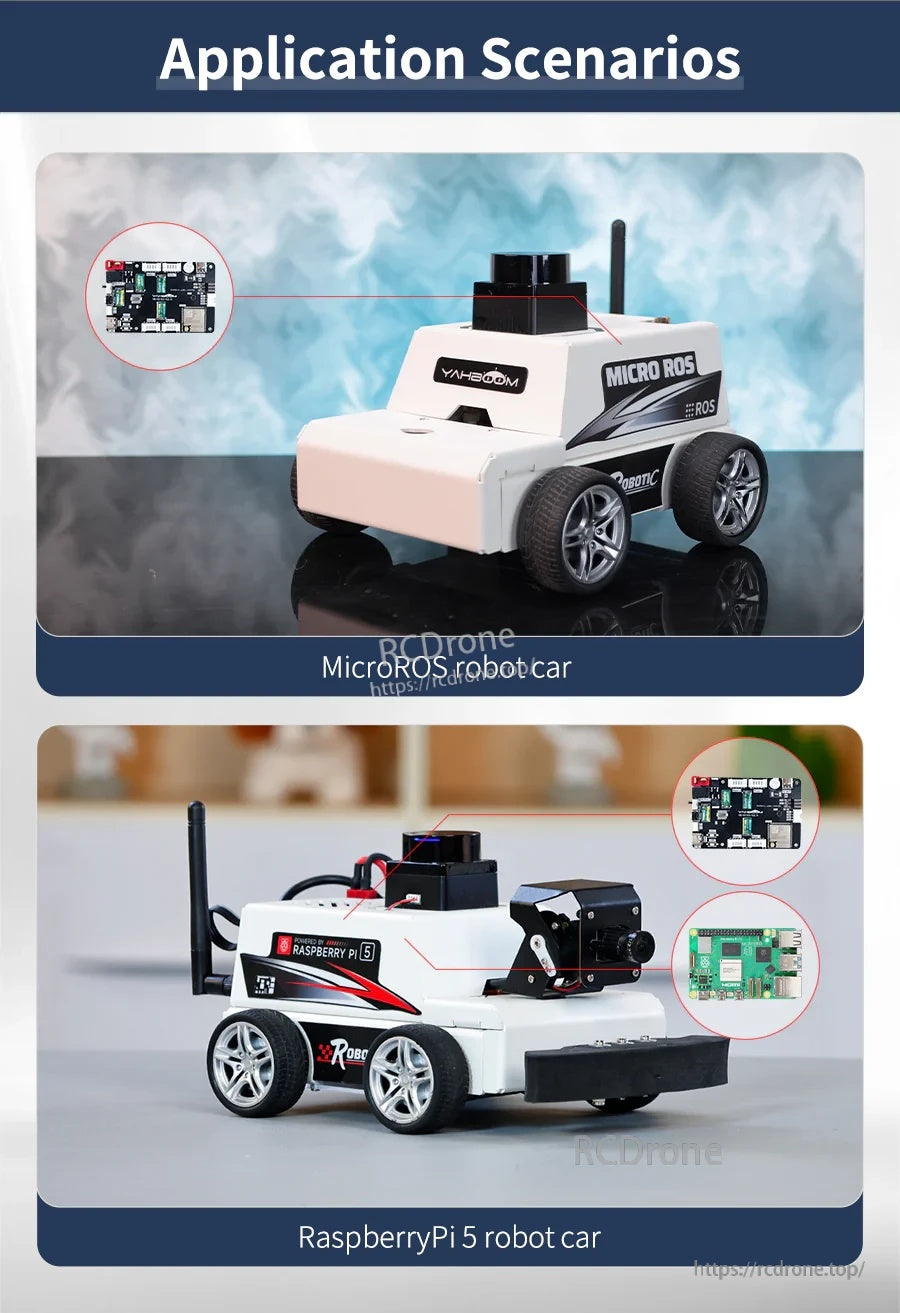 Application scenarios showing Micro ROS and Raspberry Pi 5 robot cars using the Yahboom YB-EET01-V2.0 control board