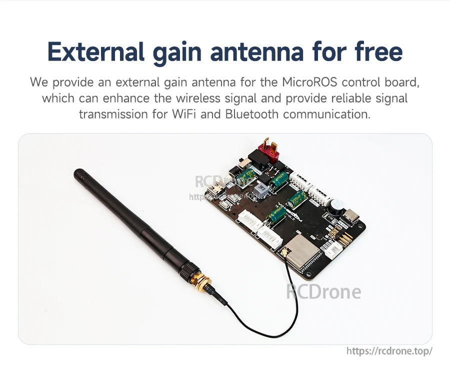 External gain antenna connected to the MicroROS control board via IPEX interface for improved WiFi/Bluetooth signal