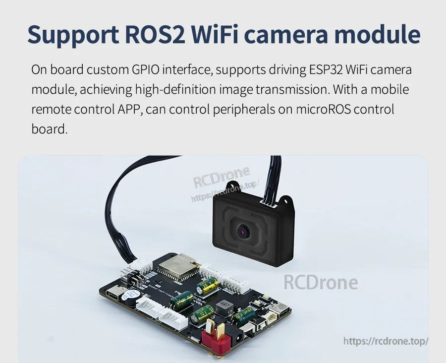 Yahboom micro ROS2 control board with connected WiFi camera module and onboard connectors