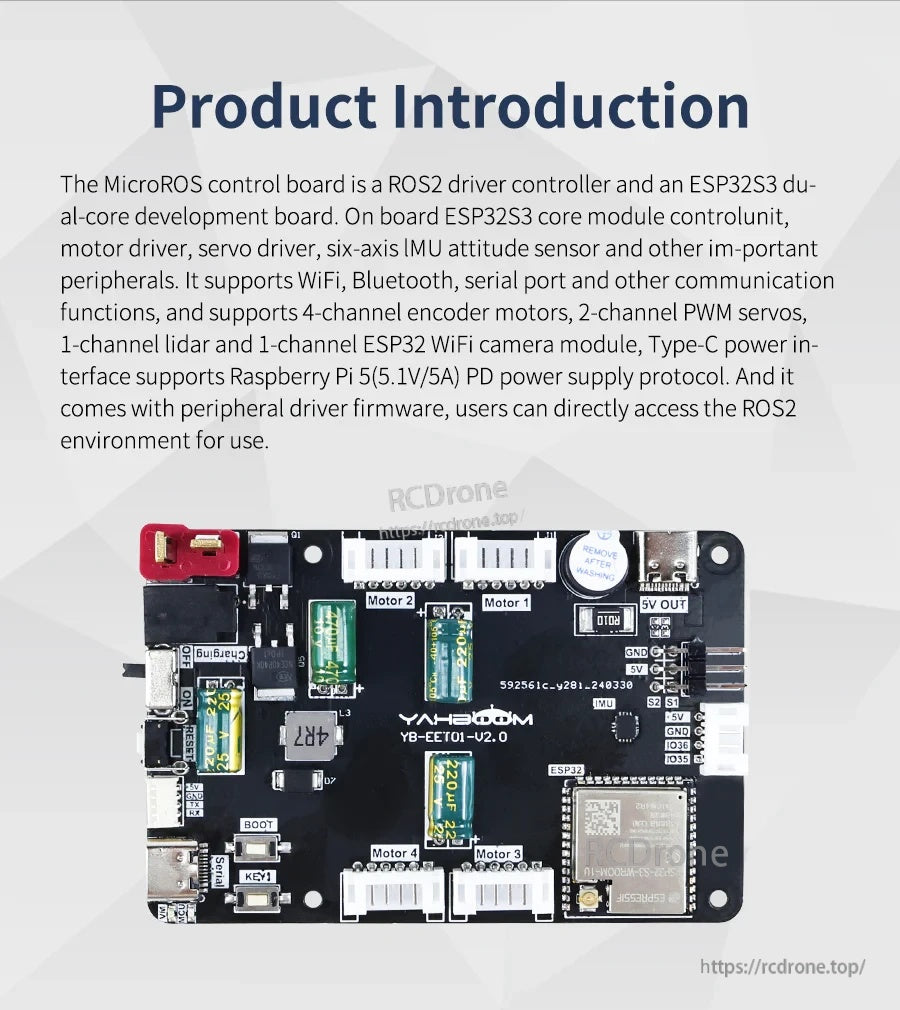 Product introduction graphic with top view of Yahboom YB-EET01-V2.0 MicroROS control board connectors and labeling