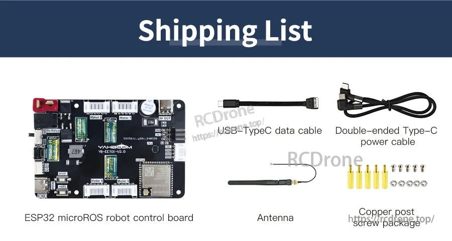 Shipping list for Yahboom ESP32 microROS robot control board with USB‑C cable, Type‑C power lead, antenna, posts and screws