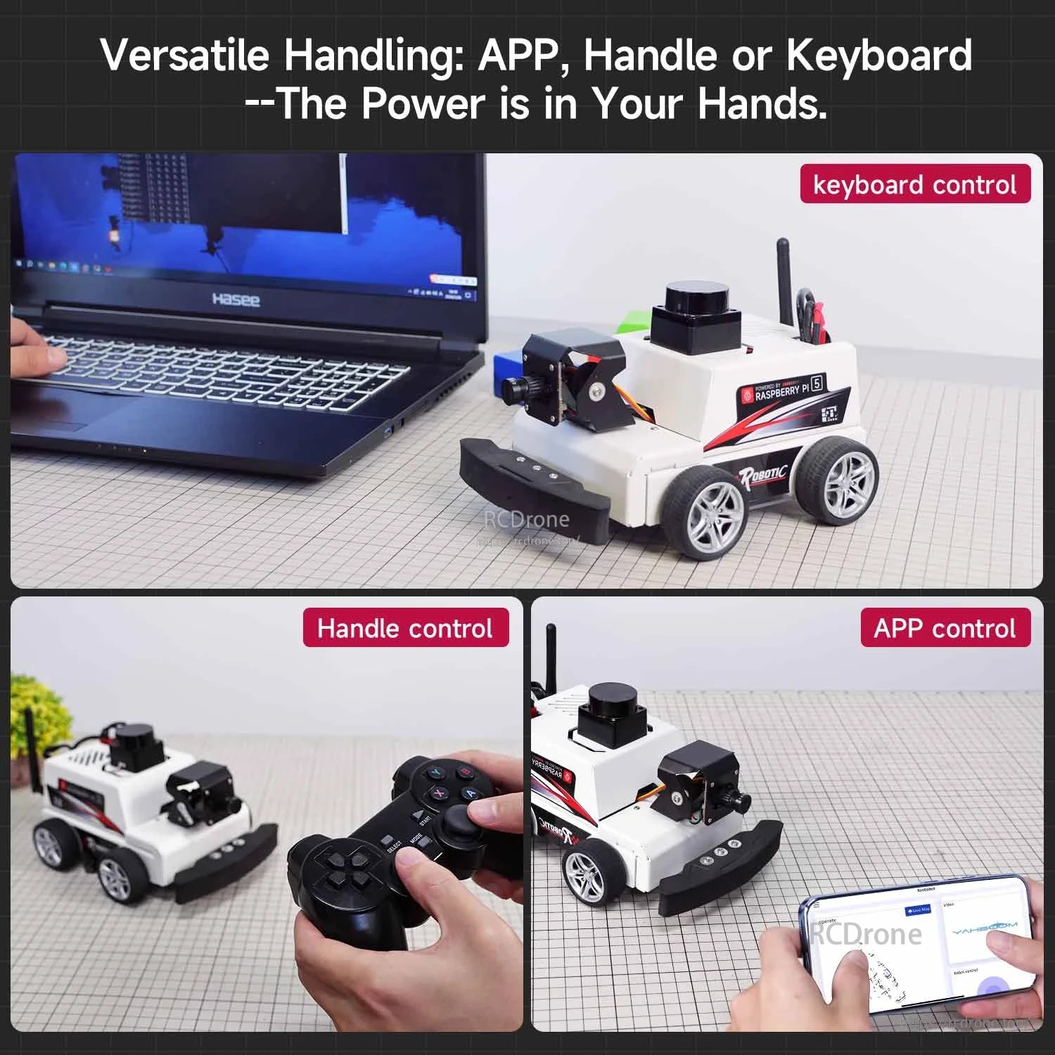 Robot car control options shown: keyboard control on laptop, handle controller, and smartphone app control