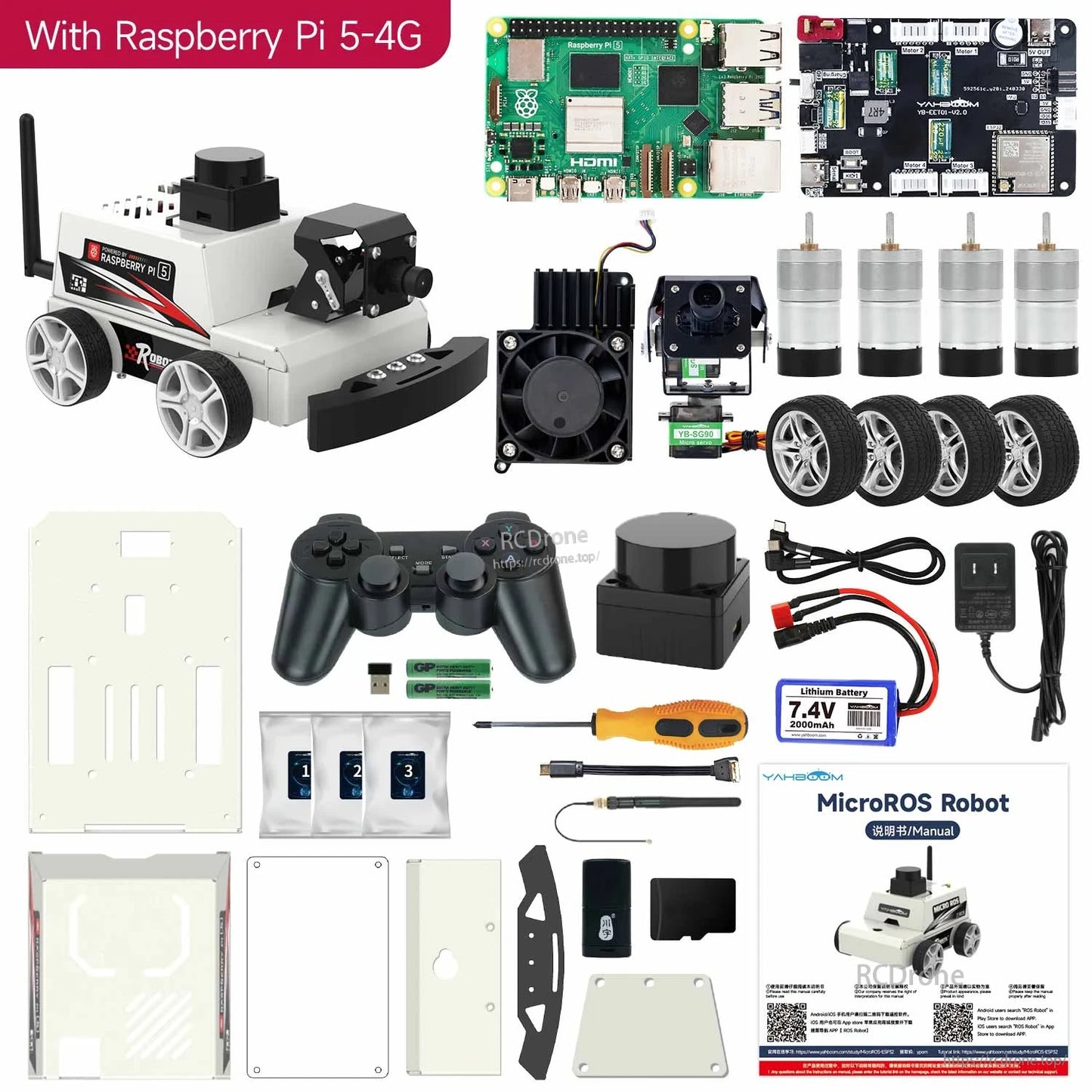 Package contents with Raspberry Pi 5 4GB included: robot car kit parts, controller board, motors, wheels, battery