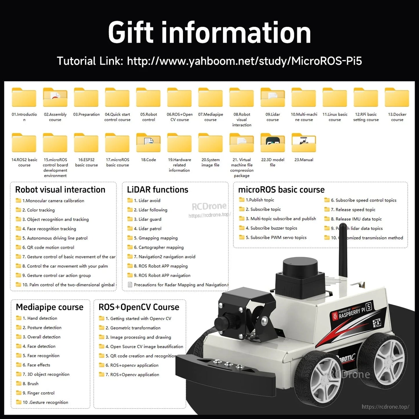 Gift information graphic with tutorial link and course list for robot visual interaction, LiDAR functions, and microROS