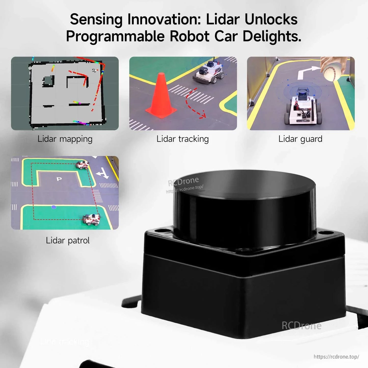LiDAR sensor close-up with examples: mapping, tracking, guard, and patrol modes