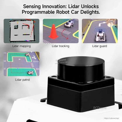 LiDAR sensor close-up with examples: mapping, tracking, guard, and patrol modes