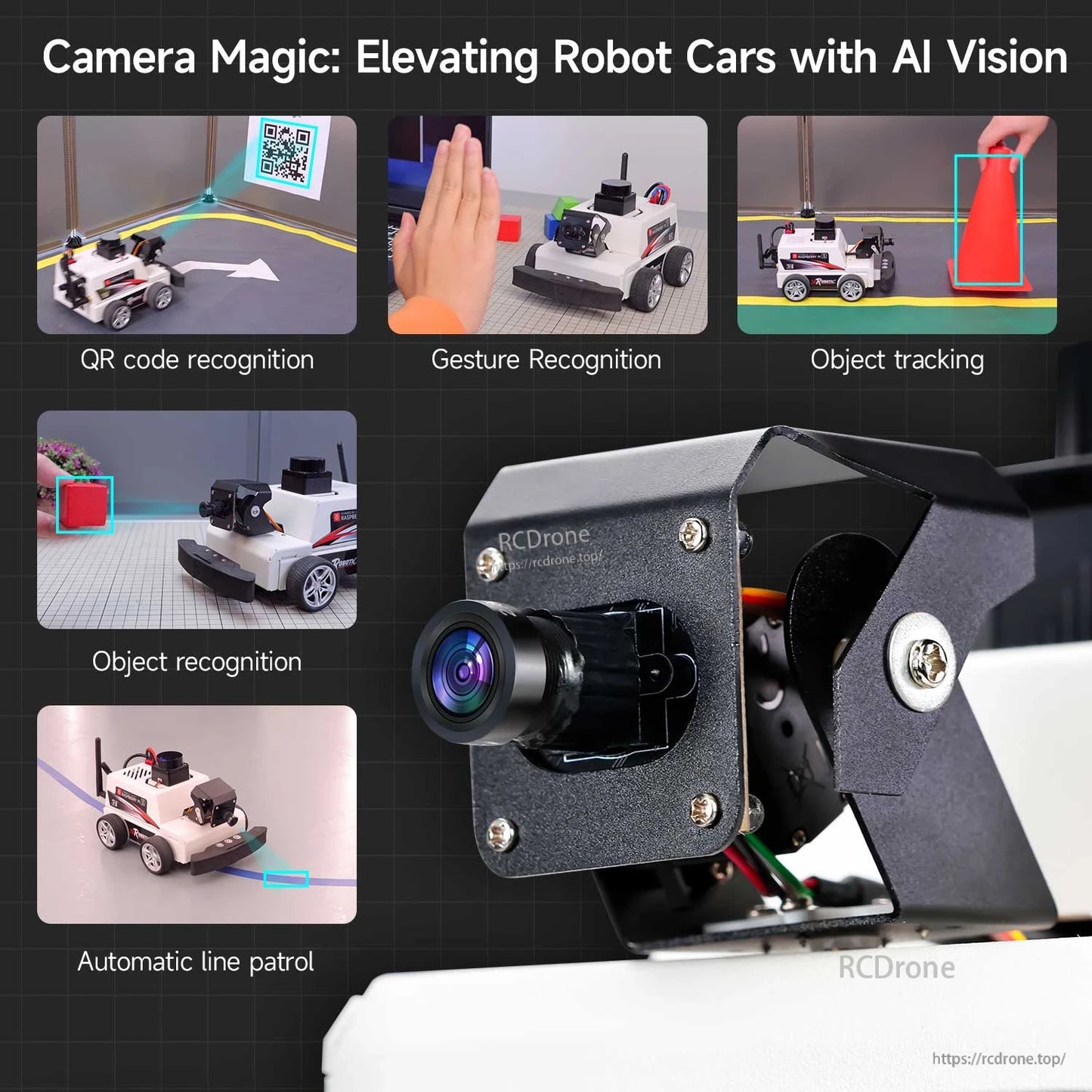 Front camera module close-up with AI vision examples: QR recognition, gesture recognition, object tracking