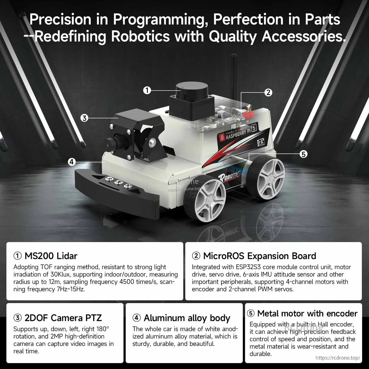 Labeled parts overview: MS200 LiDAR, MicroROS expansion board, 2DOF camera PTZ, aluminum body, encoder motors