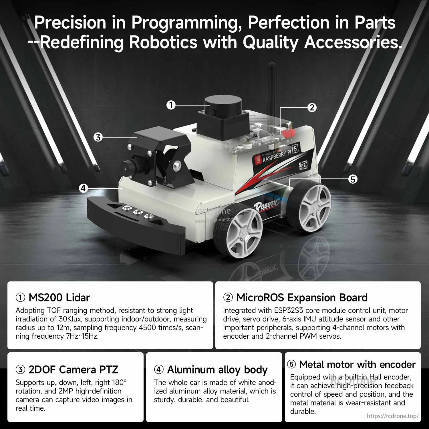 Labeled parts overview: MS200 LiDAR, MicroROS expansion board, 2DOF camera PTZ, aluminum body, encoder motors