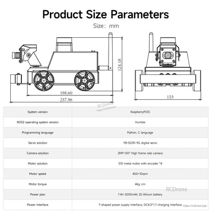 Product size parameters diagram with dimensions and specification table (ROS2 Humble, Python/C, 7.4V battery)