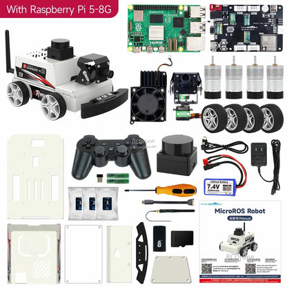 Package contents with Raspberry Pi 5 8GB included: robot car kit parts, controller board, motors, wheels, battery