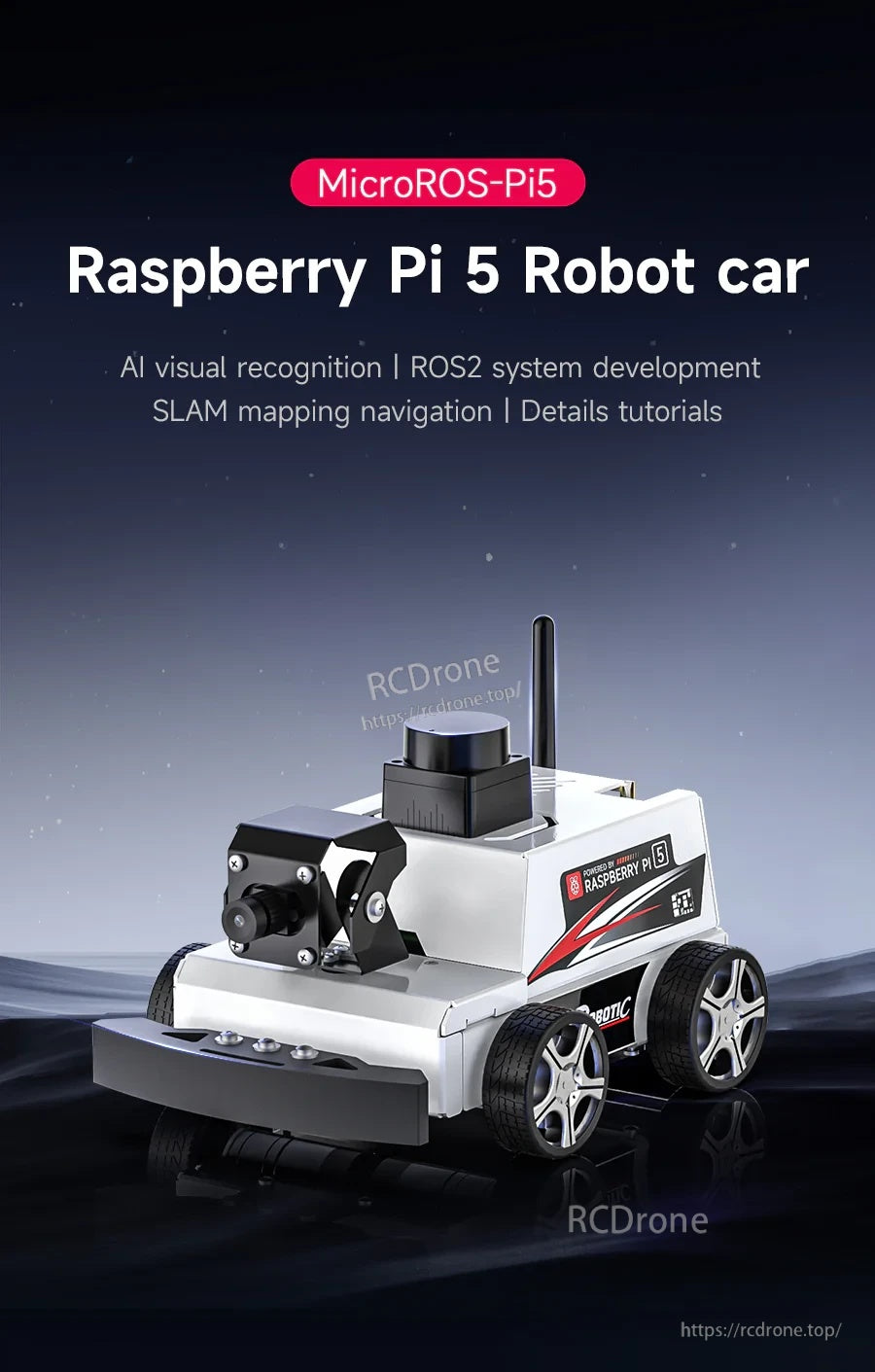 MicroROS-Pi5 ROS2 Robot car for Raspberry Pi 5 with camera PTZ and LiDAR, aluminum chassis