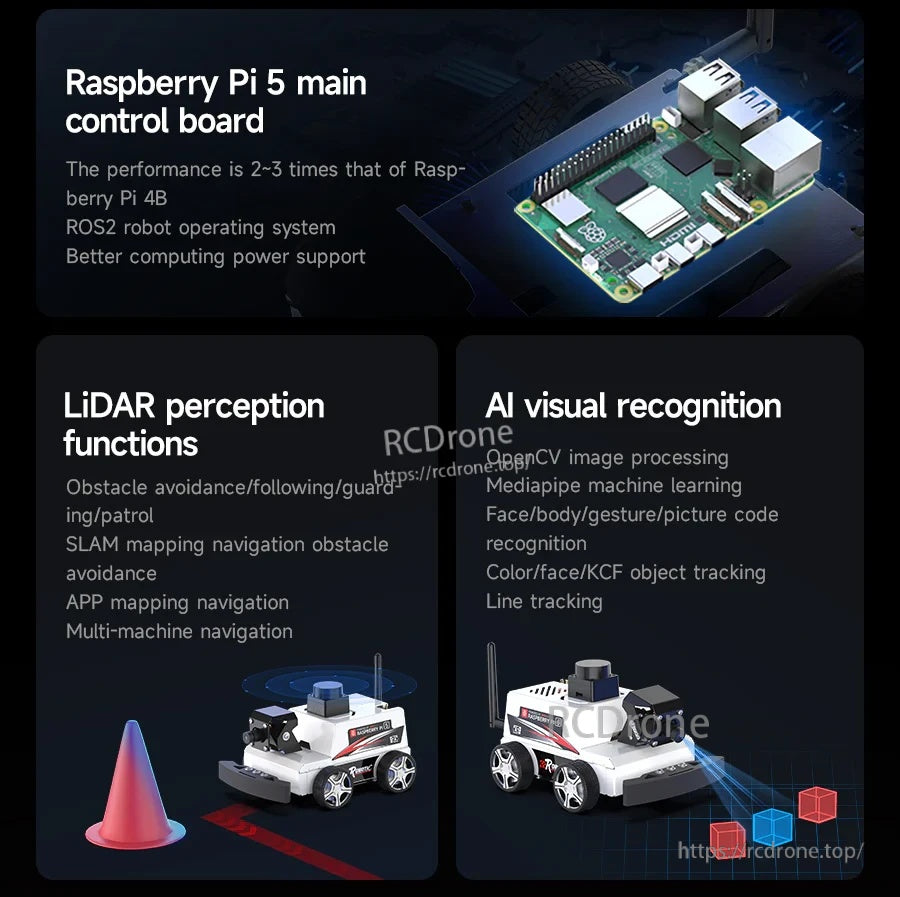 Feature overview: Raspberry Pi 5 controller plus LiDAR perception functions and AI visual recognition modules