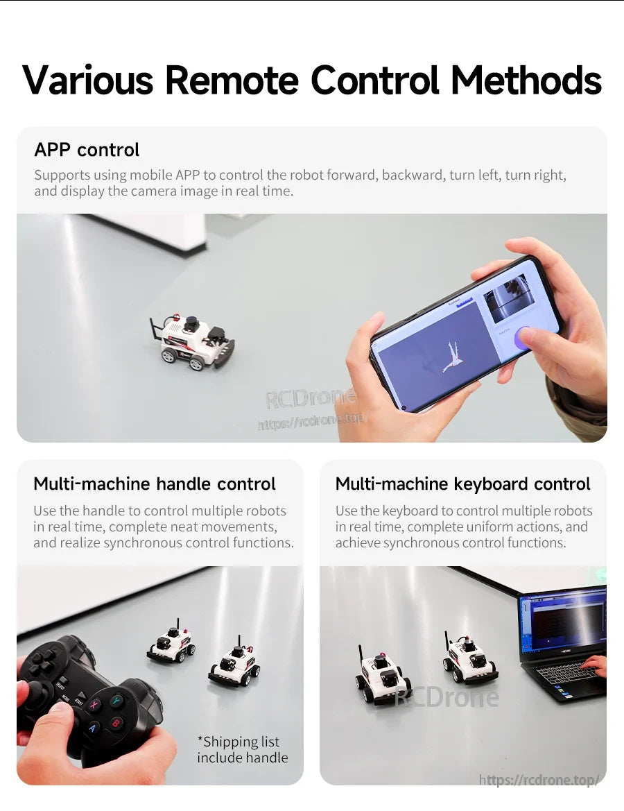 Remote control methods: mobile app with live view, multi-robot handle control, and keyboard control