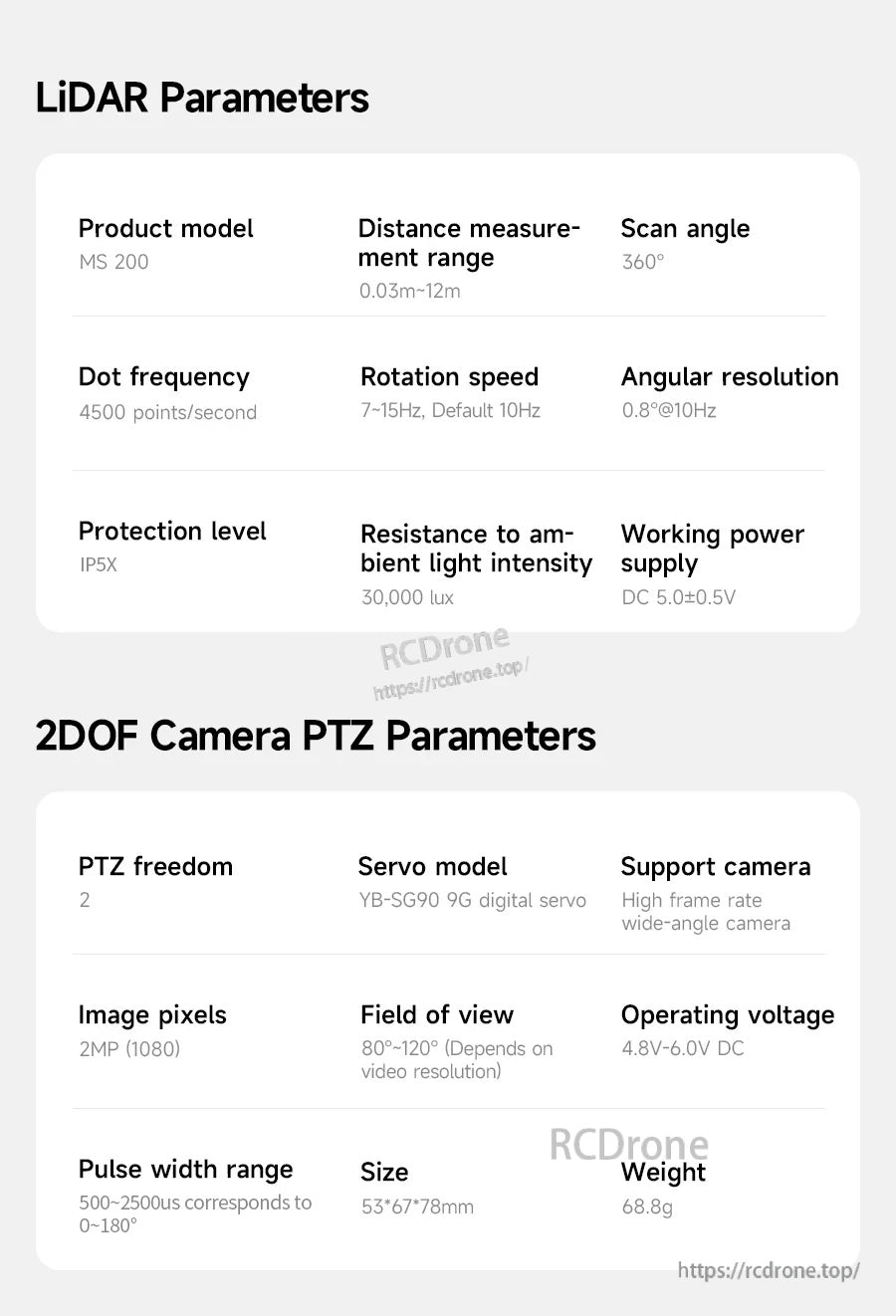 Specification table for MS200 LiDAR (360° scan, 0.03–12m range) and 2DOF camera PTZ module parameters