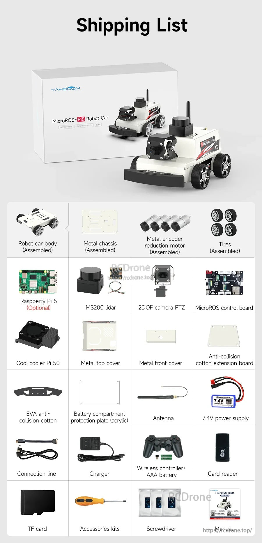 Shipping list for MicroROS-Pi5 ROS2 robot car kit with chassis, motors, LiDAR, camera PTZ, controller and cables