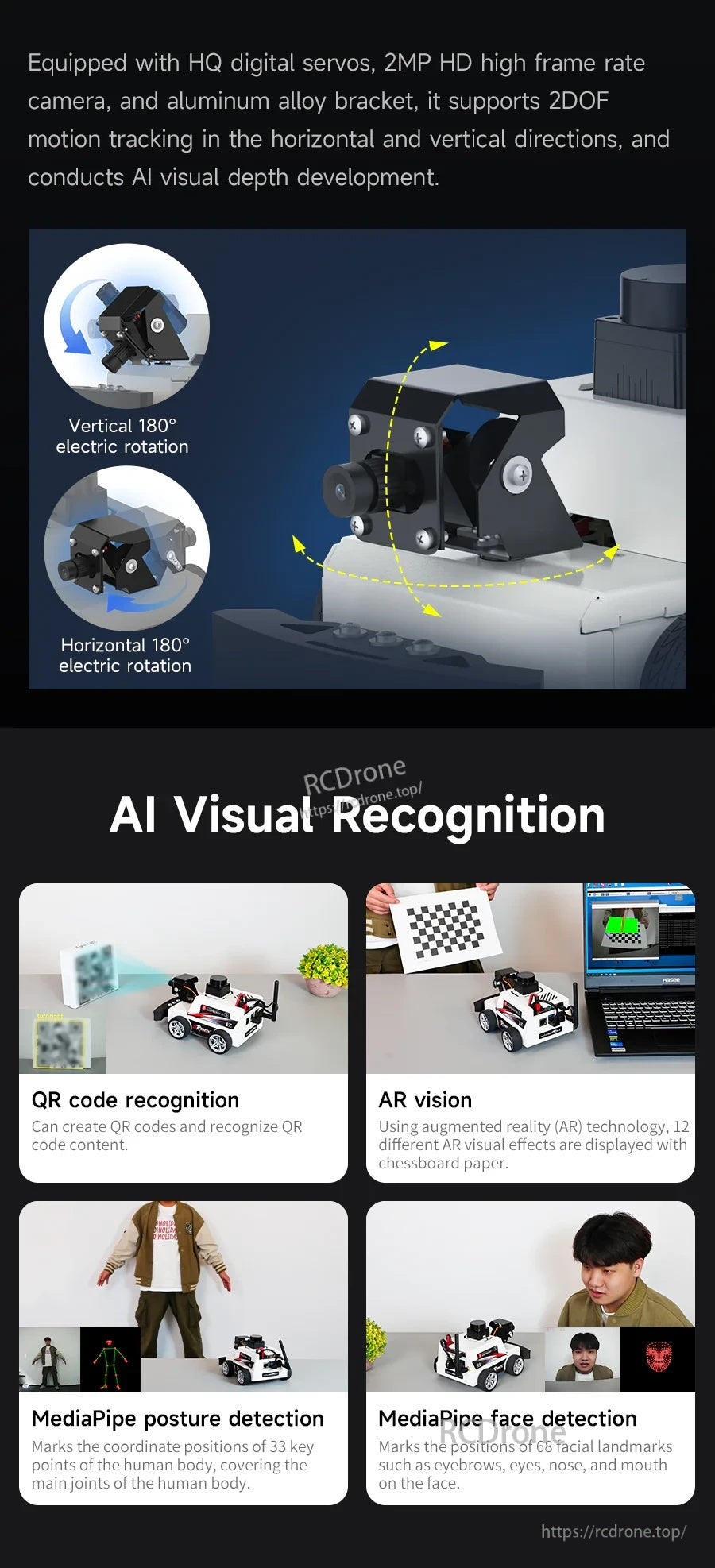 2DOF pan/tilt camera range and AI vision features like QR, AR effects, posture and face detection