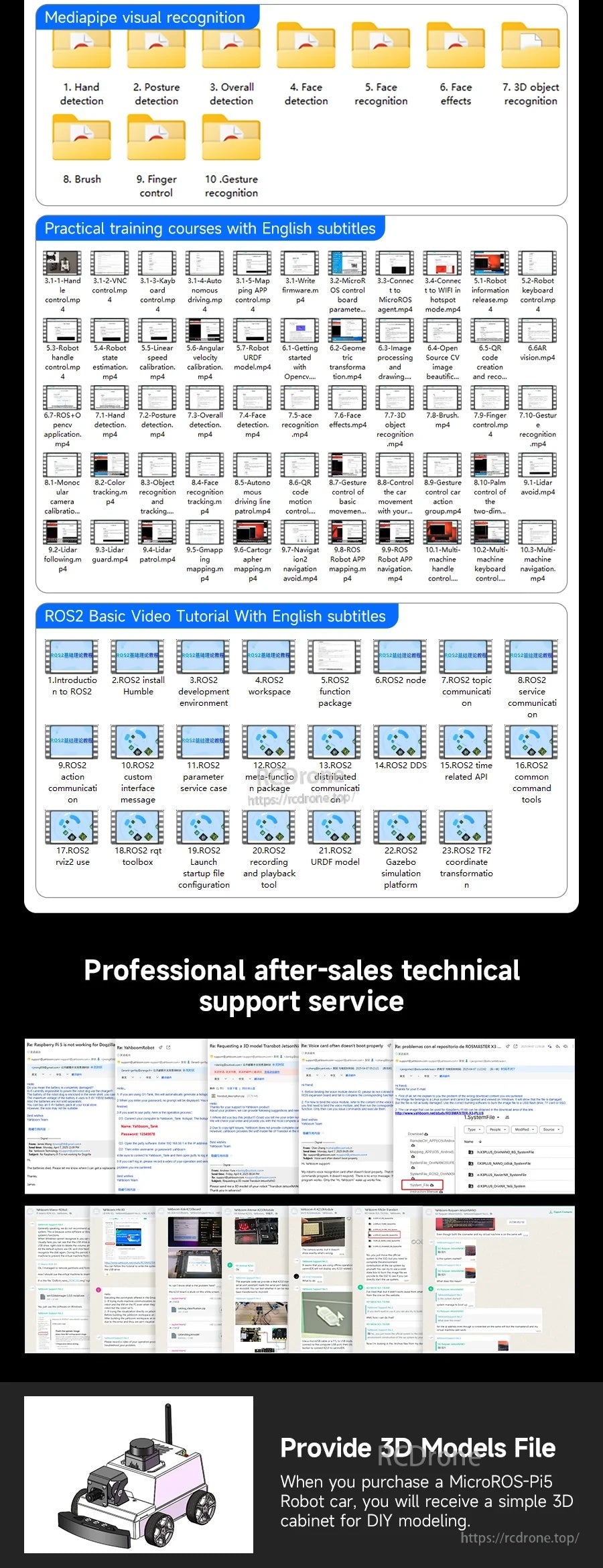 MicroROS-Pi5 ROS2 robot support graphic showing tutorial course files, English-subtitled videos, and 3D model file info