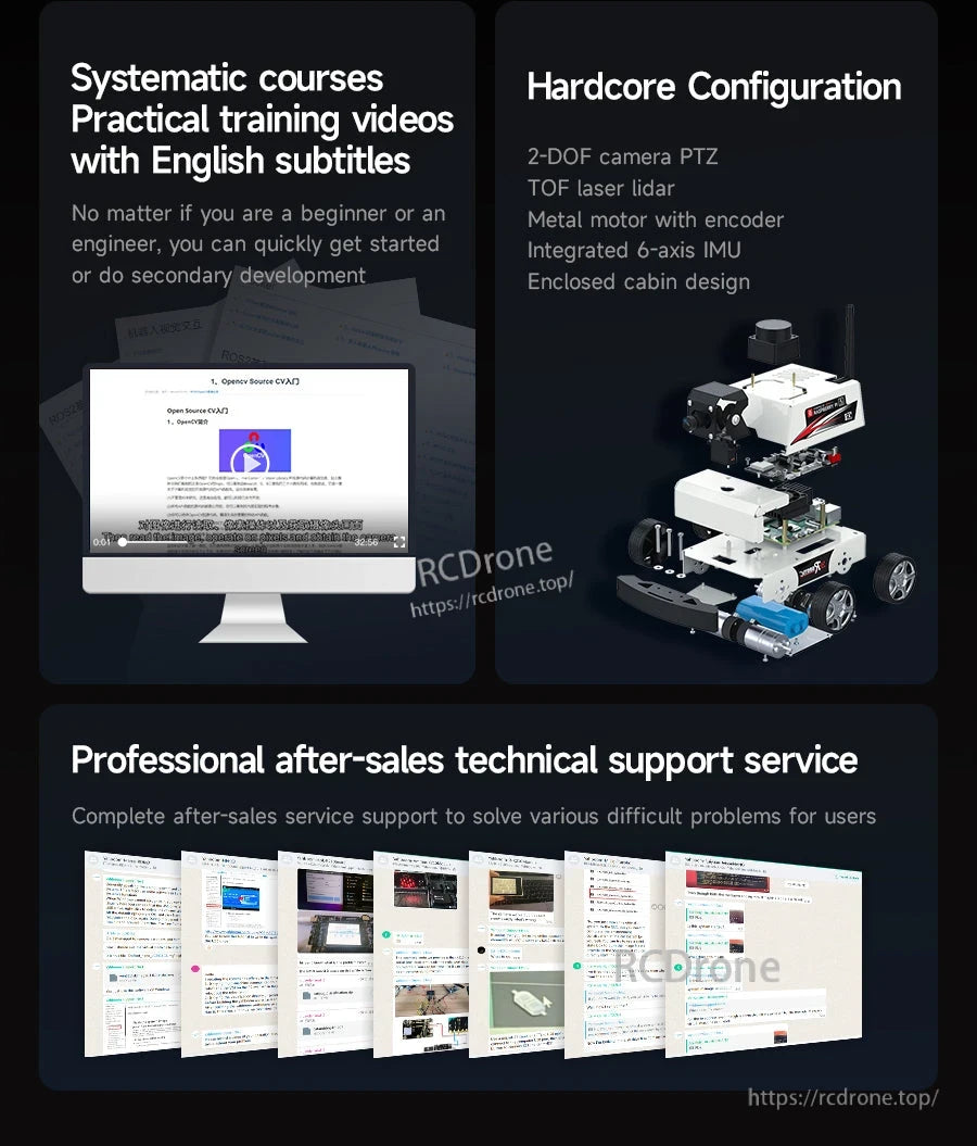 Training and support overview with English-subtitled courses, hardware configuration, and after-sales support