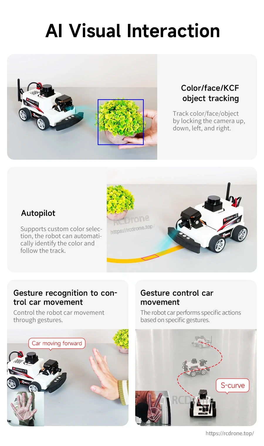 AI visual interaction examples: color/face/KCF tracking, autopilot color following, gesture control driving