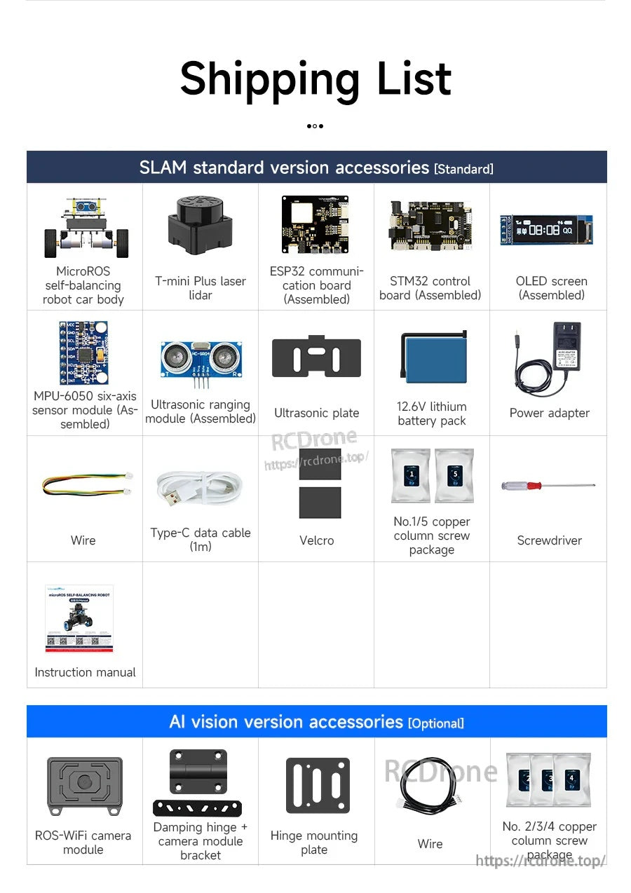 Shipping list for Yahboom MicroROS self-balancing robot kit with lidar, control boards, OLED screen, battery and cables