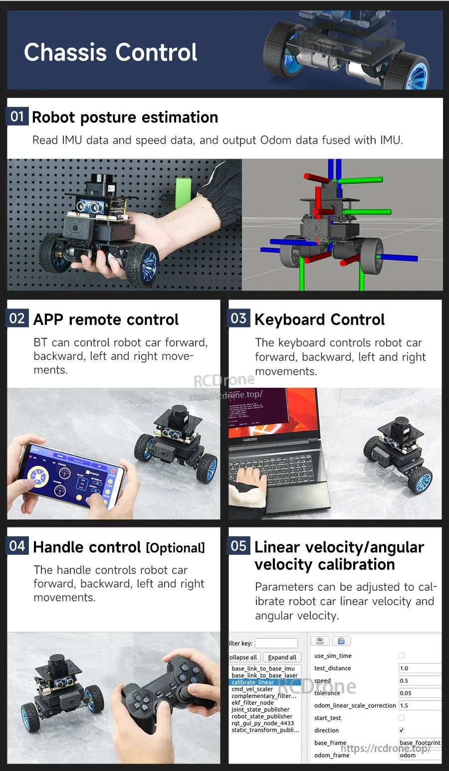 Chassis control modes: posture estimation (IMU+Odom), app remote control, keyboard control, optional handle control, calibration