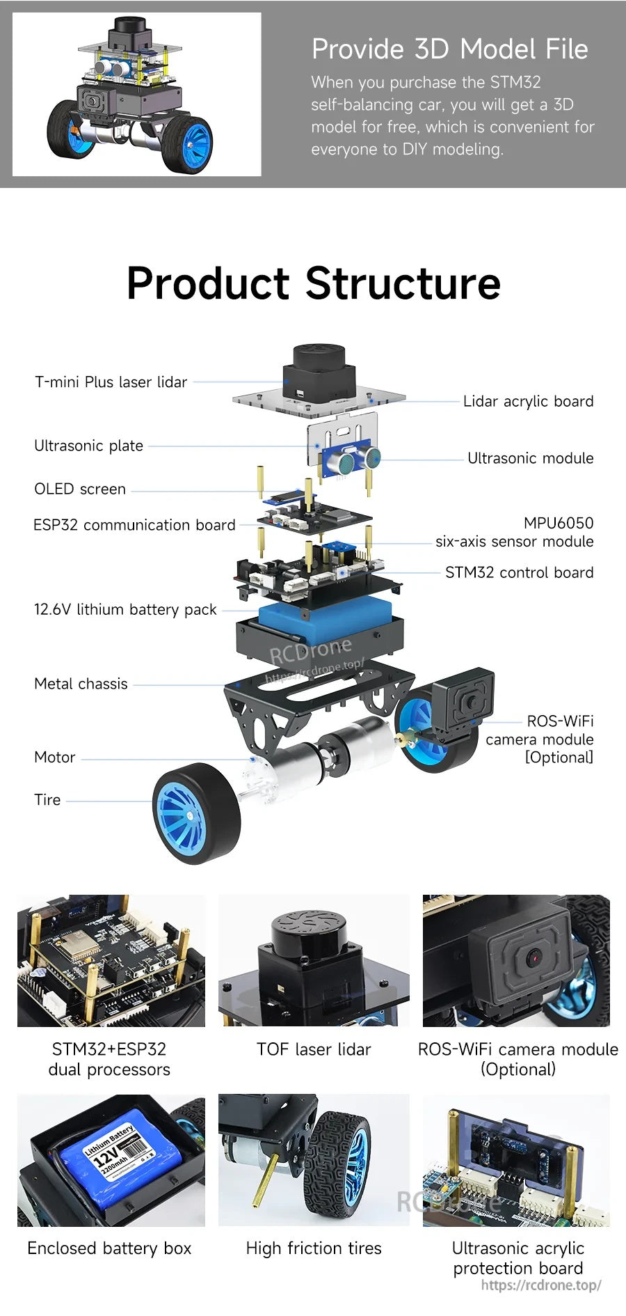 Exploded view of Yahboom MicroROS self-balancing robot kit with TOF lidar, ultrasonic module, OLED and control boards