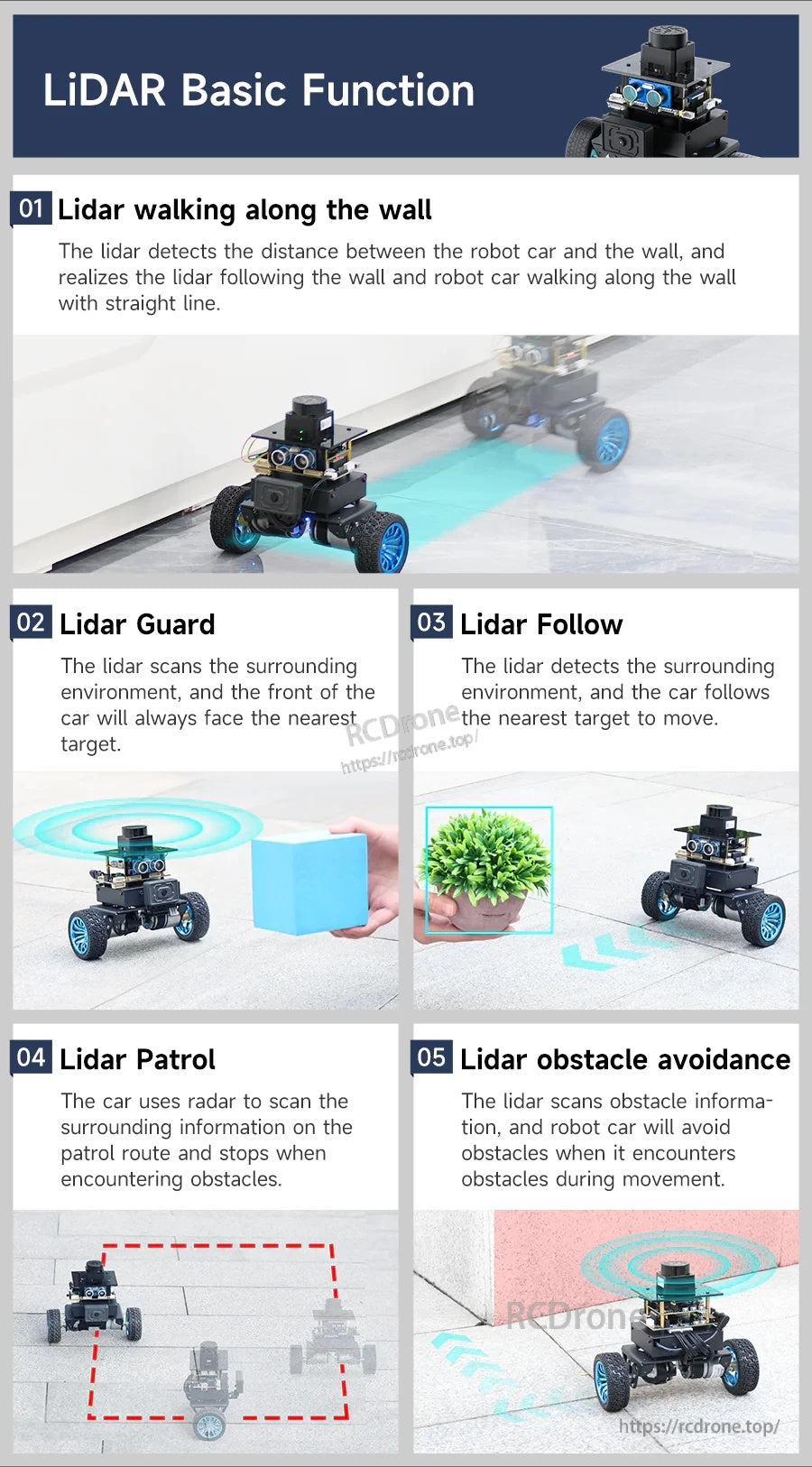 LiDAR basic functions: wall following, guard, follow, patrol scanning route, and obstacle avoidance behaviors