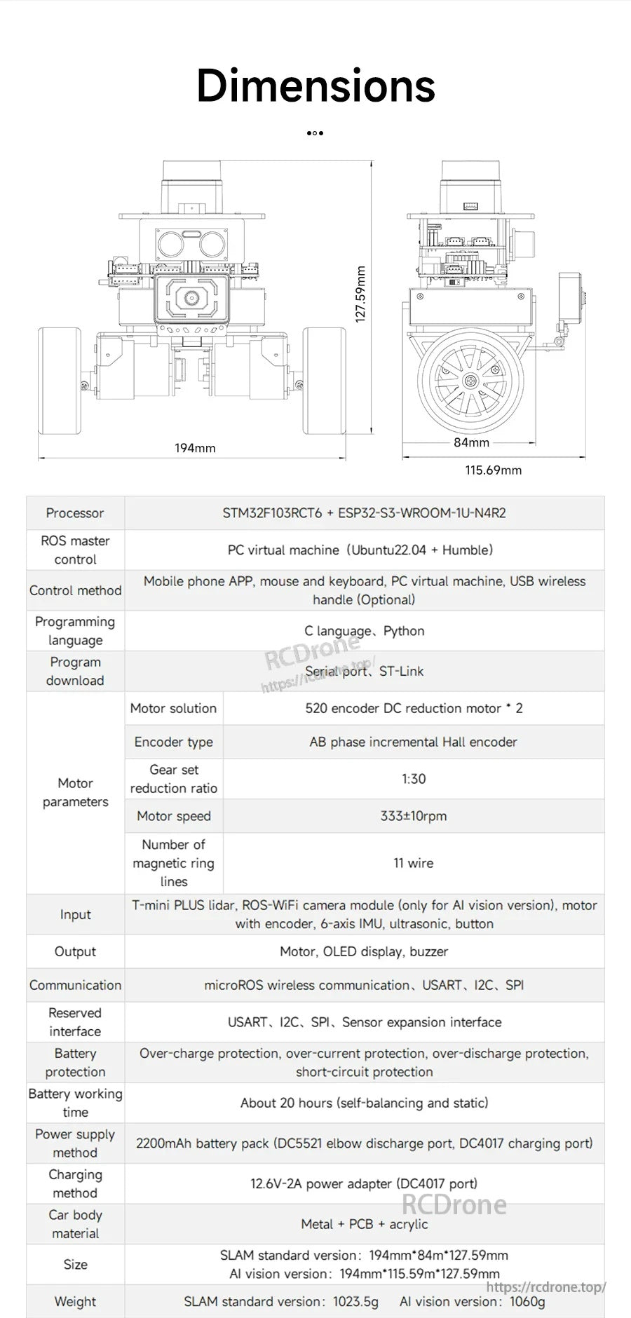 Dimension and specs sheet for Yahboom microROS self-balancing robot with 194 mm width, 197 mm height and 84 mm wheels.
