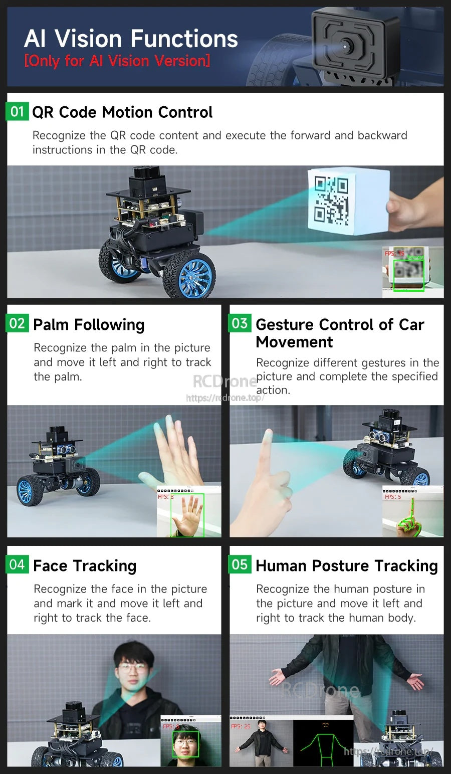 AI vision functions for AI Vision version: QR code control, palm following, gesture control, face tracking and posture tracking