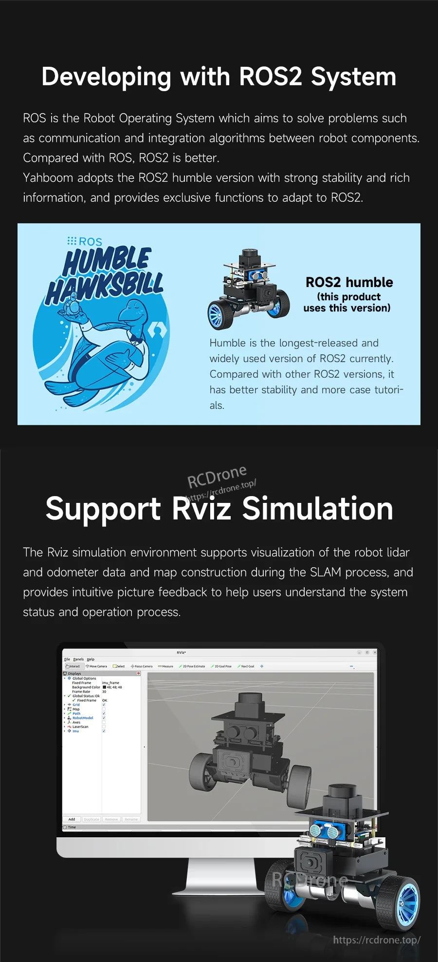 ROS2 Humble development and RViz simulation support for MicroROS self-balancing robot platform