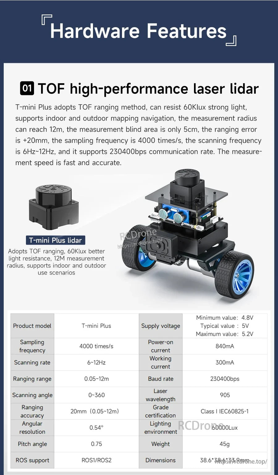 Hardware features graphic showing TOF laser lidar module mounted on Yahboom MicroROS self-balancing robot base