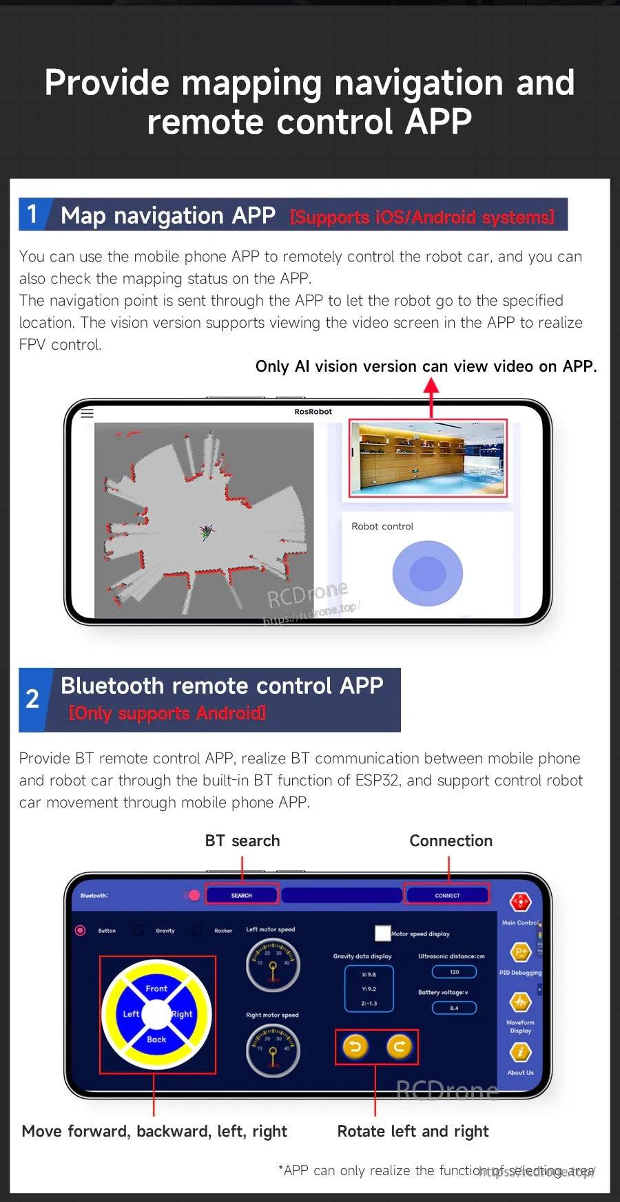 Mobile control apps: mapping navigation app (iOS/Android) and Bluetooth remote control app interface screens