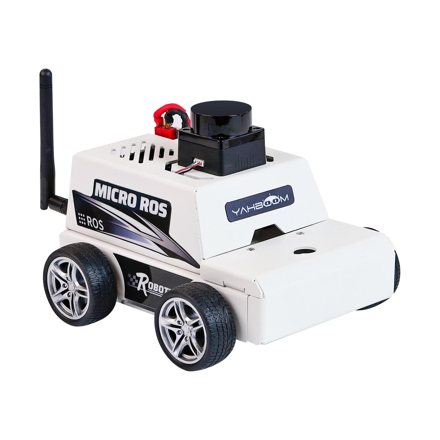 ESP32 MicroROS Robot car with lidar turret and antenna, white chassis side view