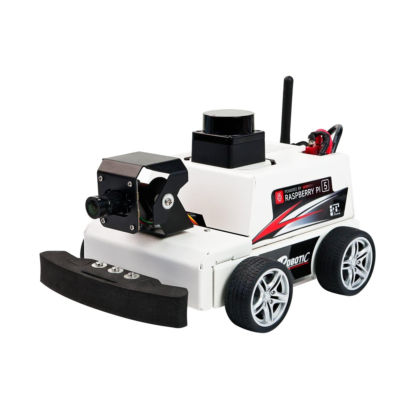 MicroROS-Pi5 ROS2 Robot car kit with LiDAR tower, front camera module, and four-wheel chassis