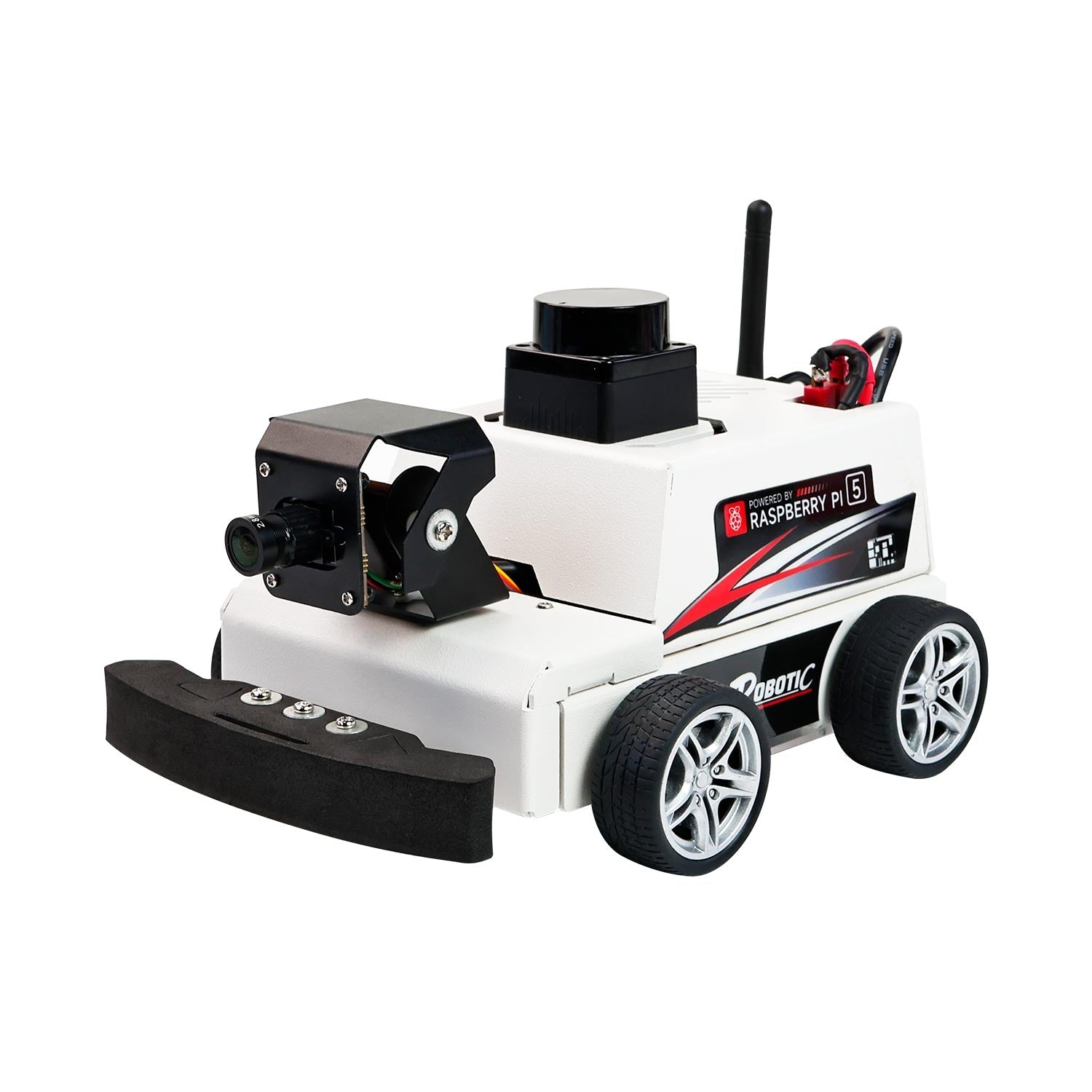 MicroROS-Pi5 ROS2 Robot car kit with LiDAR tower, front camera module, and four-wheel chassis