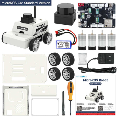 MicroROS Car standard version kit contents layout: chassis, PCB, motors, wheels, battery, manual