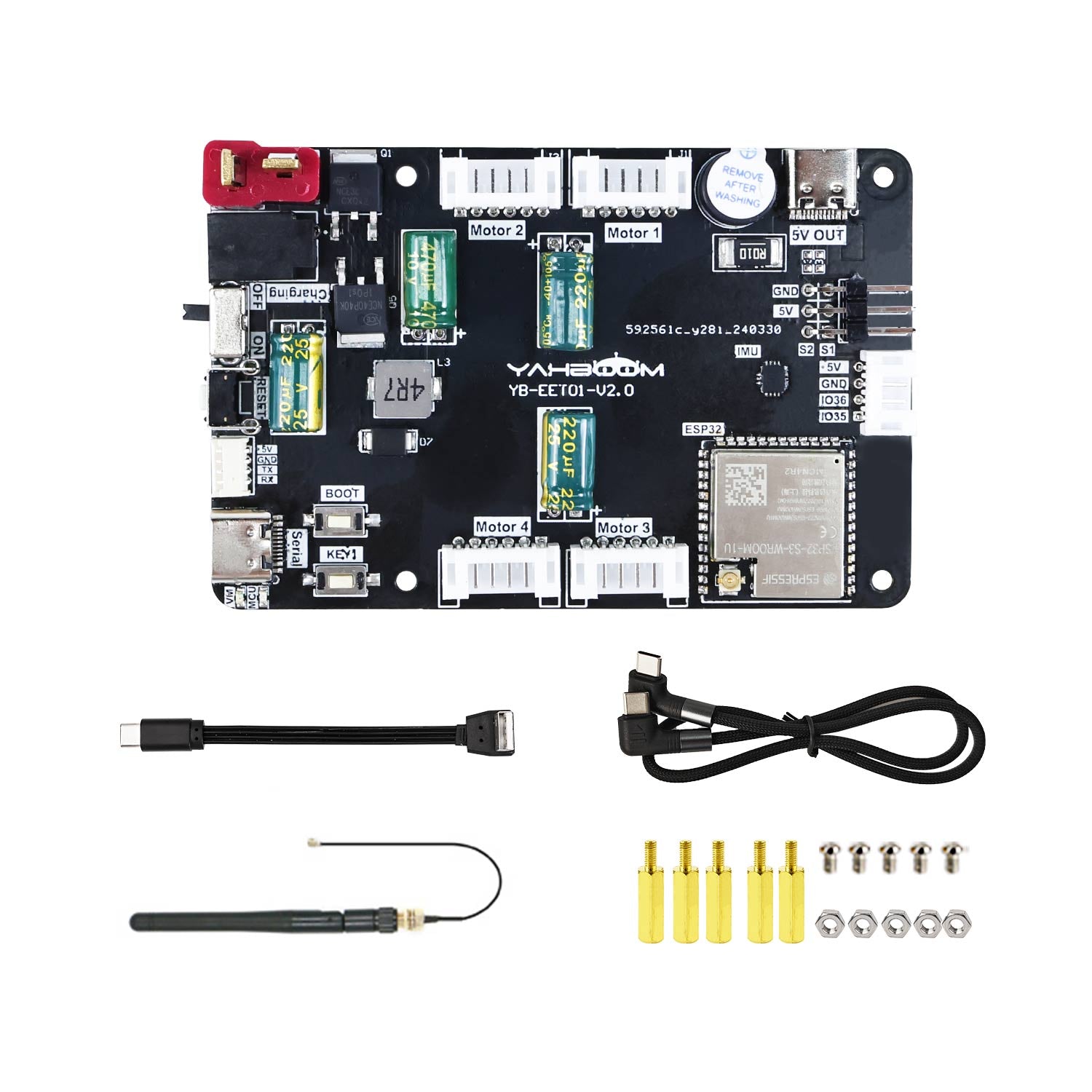 Yahboom YB-EET01-V2.0 micro ROS control board kit with USB cables, antenna, standoffs and screws