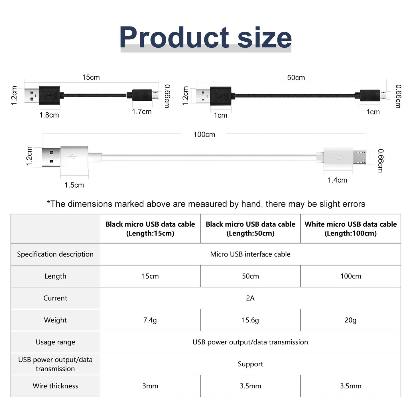 Micro USB cable size chart showing 15cm, 50cm, and 100cm length options and dimensions
