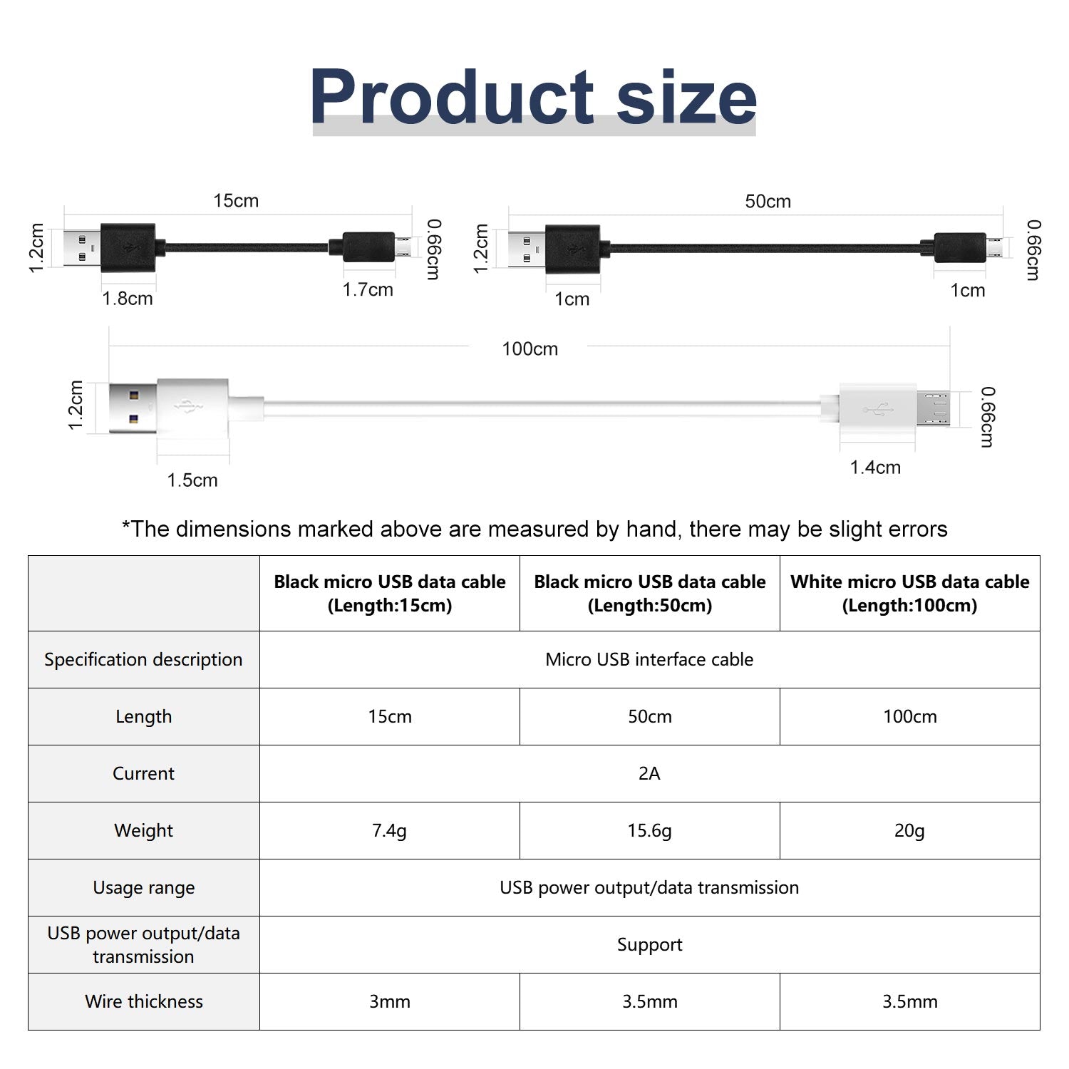 Micro USB cable size chart showing 15cm, 50cm, and 100cm length options and dimensions