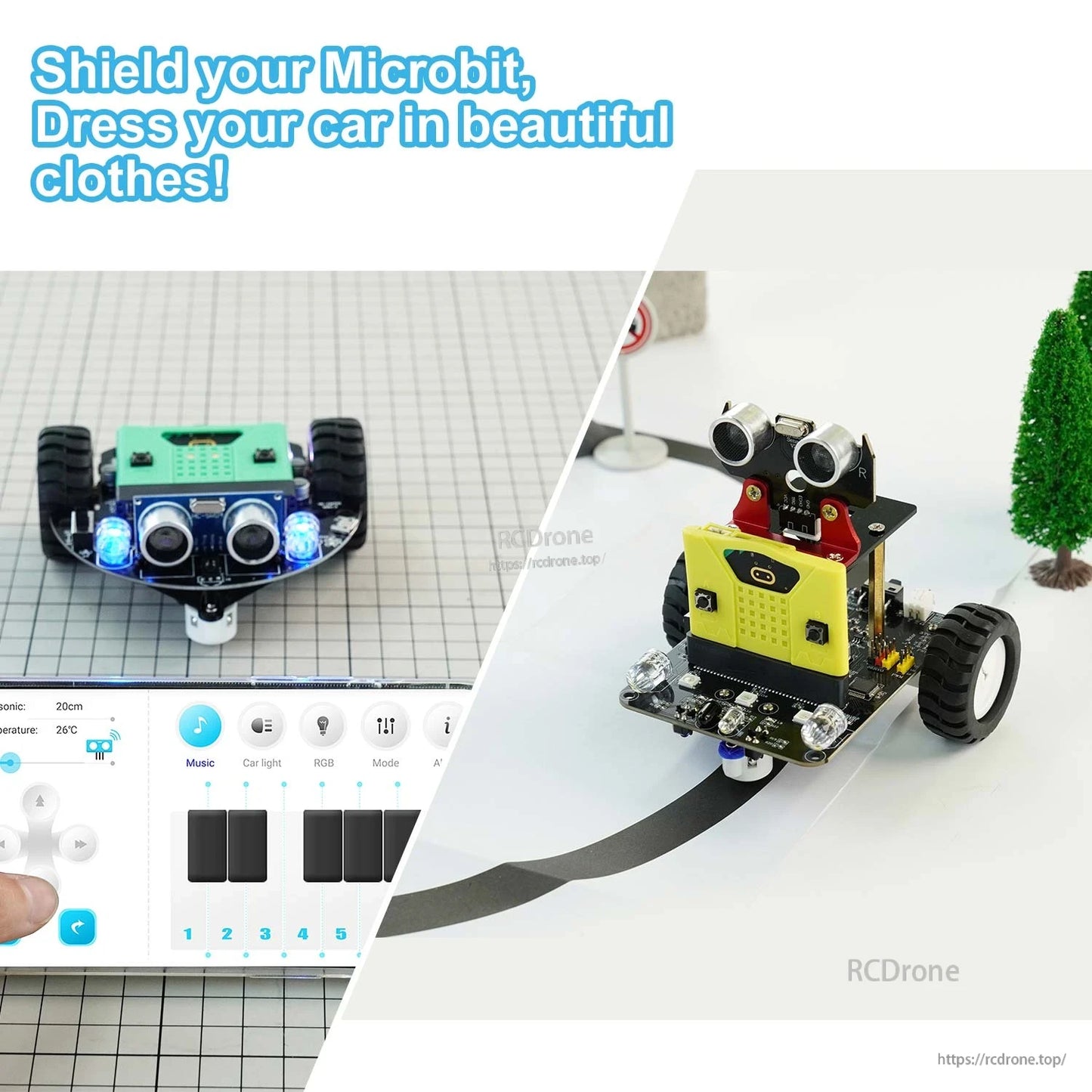 Micro:bit case used on a small robot car project, shown mounted on a wheeled chassis